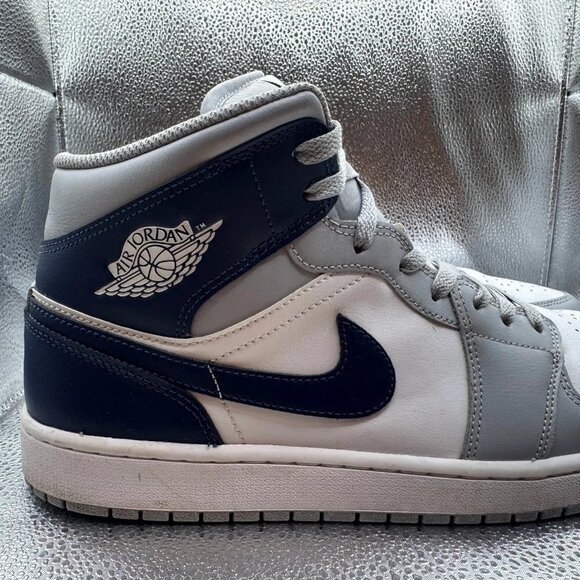 Size 12 - Nike Air Jordan 1 Mid White Wolf Gray Midnight Navy Shoes DQ8426-104 - Picture 2 of 10
